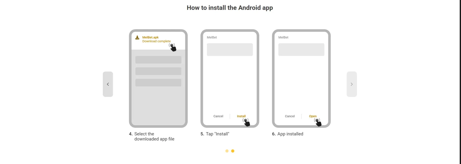 Melbet APK install guide, steps 4 to 6: open the file, install and launch the app