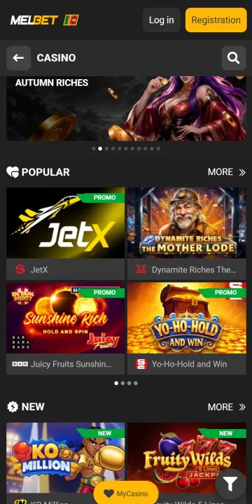 Casino lobby in the Melbet app with Popular and New slots