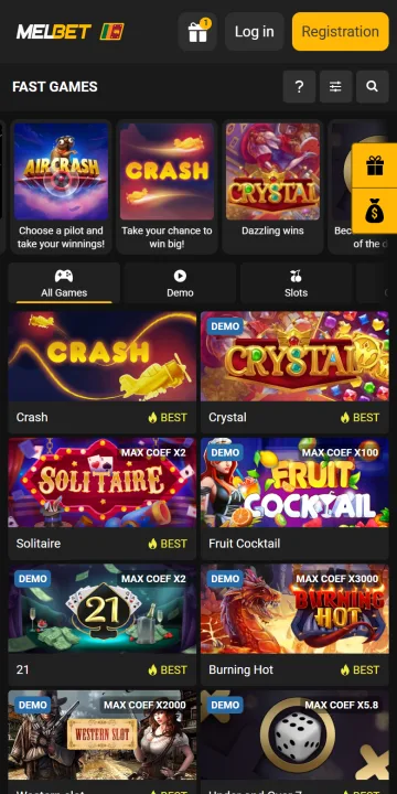 Melbet Fast Games on a phone: Crash, Crystal and Solitaire