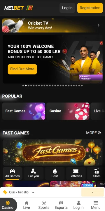 Melbet app home screen with the 100% welcome bonus banner and popular sections