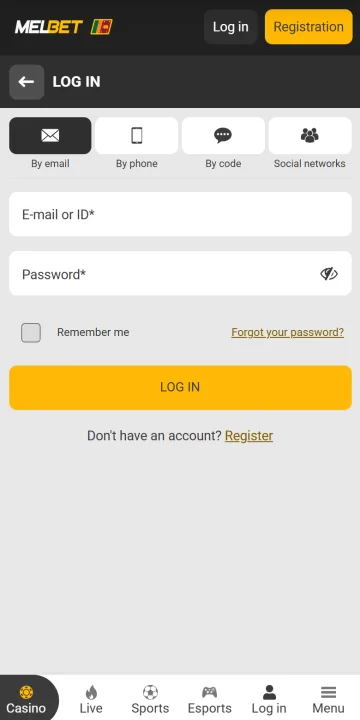 Log in screen of the Melbet app with e-mail, phone, code and social tabs