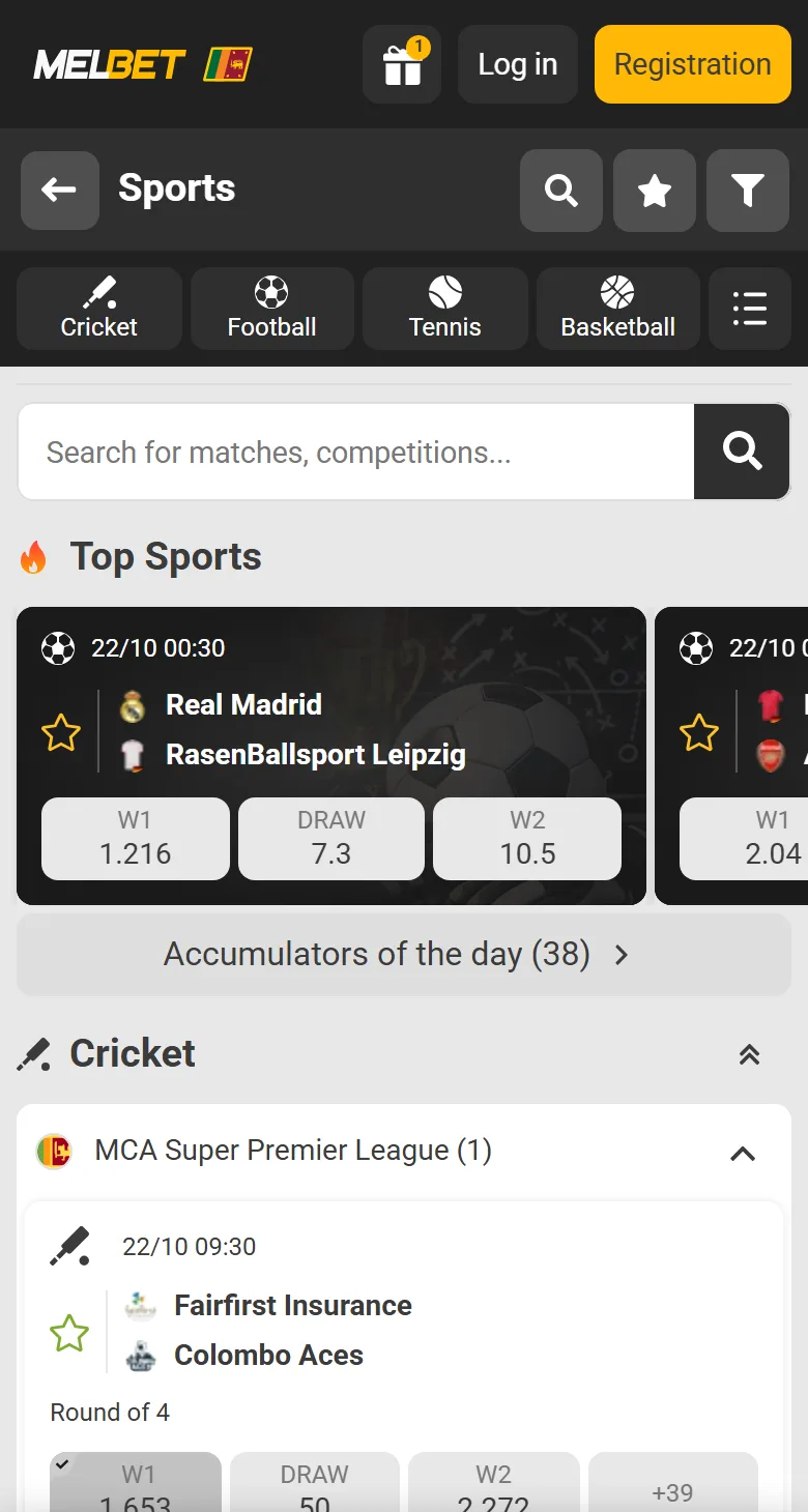 Sports section of the Melbet app on a phone with cricket and Top Sports