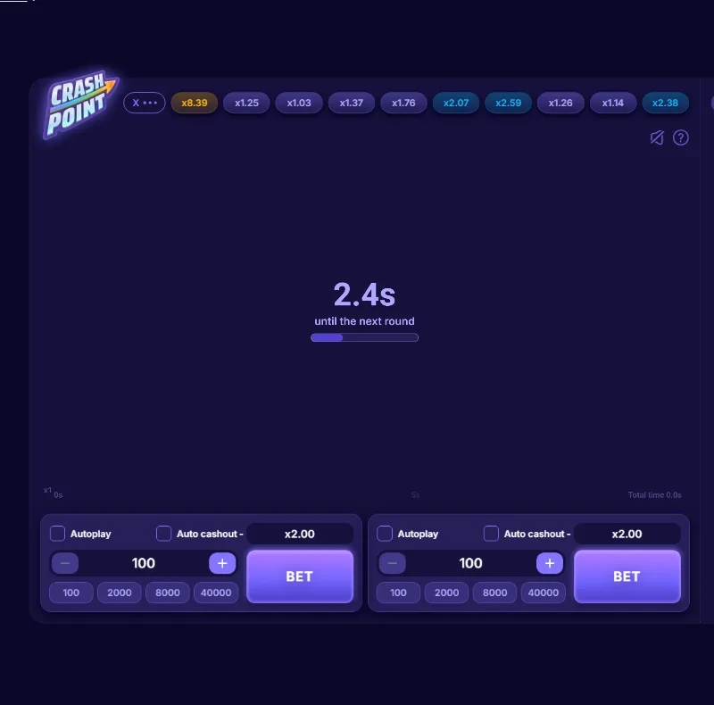 Crash Point countdown and bet panels with auto cashout at Melbet