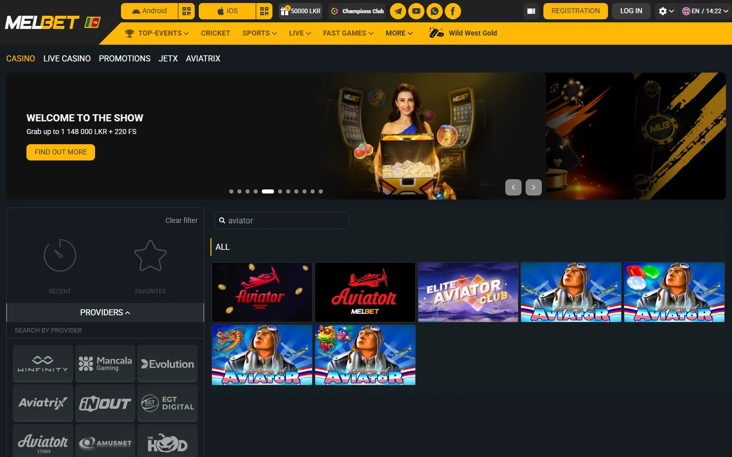 Search results for Aviator in the Melbet casino lobby