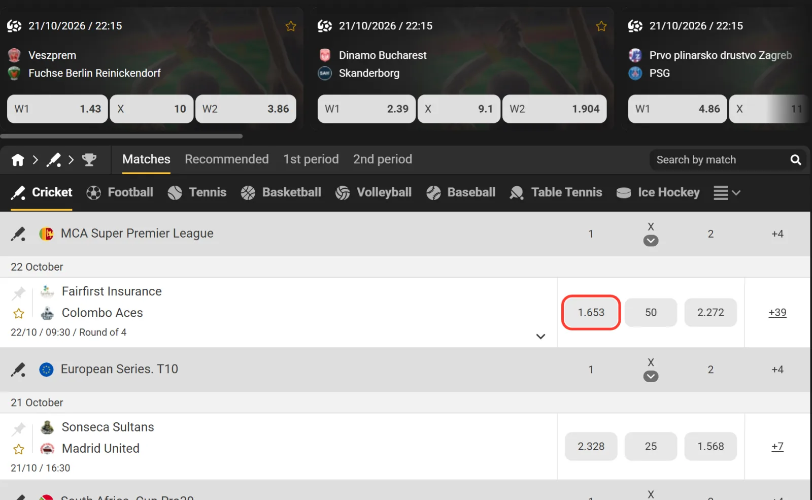 Choosing odds of 1.653 on a cricket match at Melbet