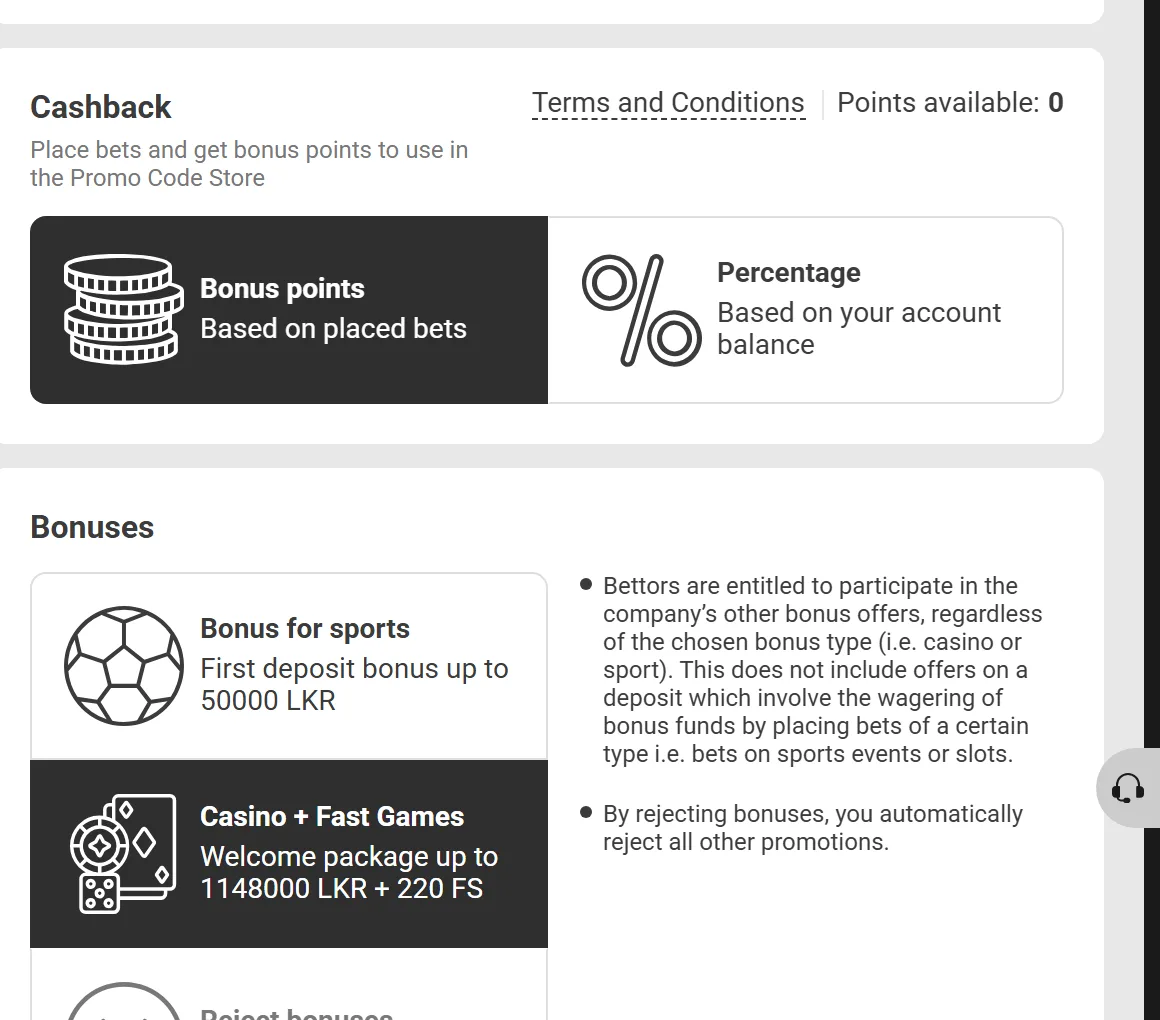 Melbet account settings with cashback as bonus points or percentage
