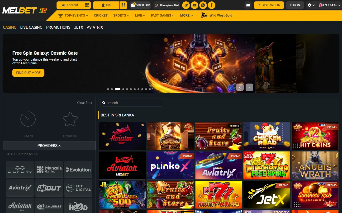 BEST IN SRI LANKA collection in the Melbet slots lobby with Aviator and Plinko X
