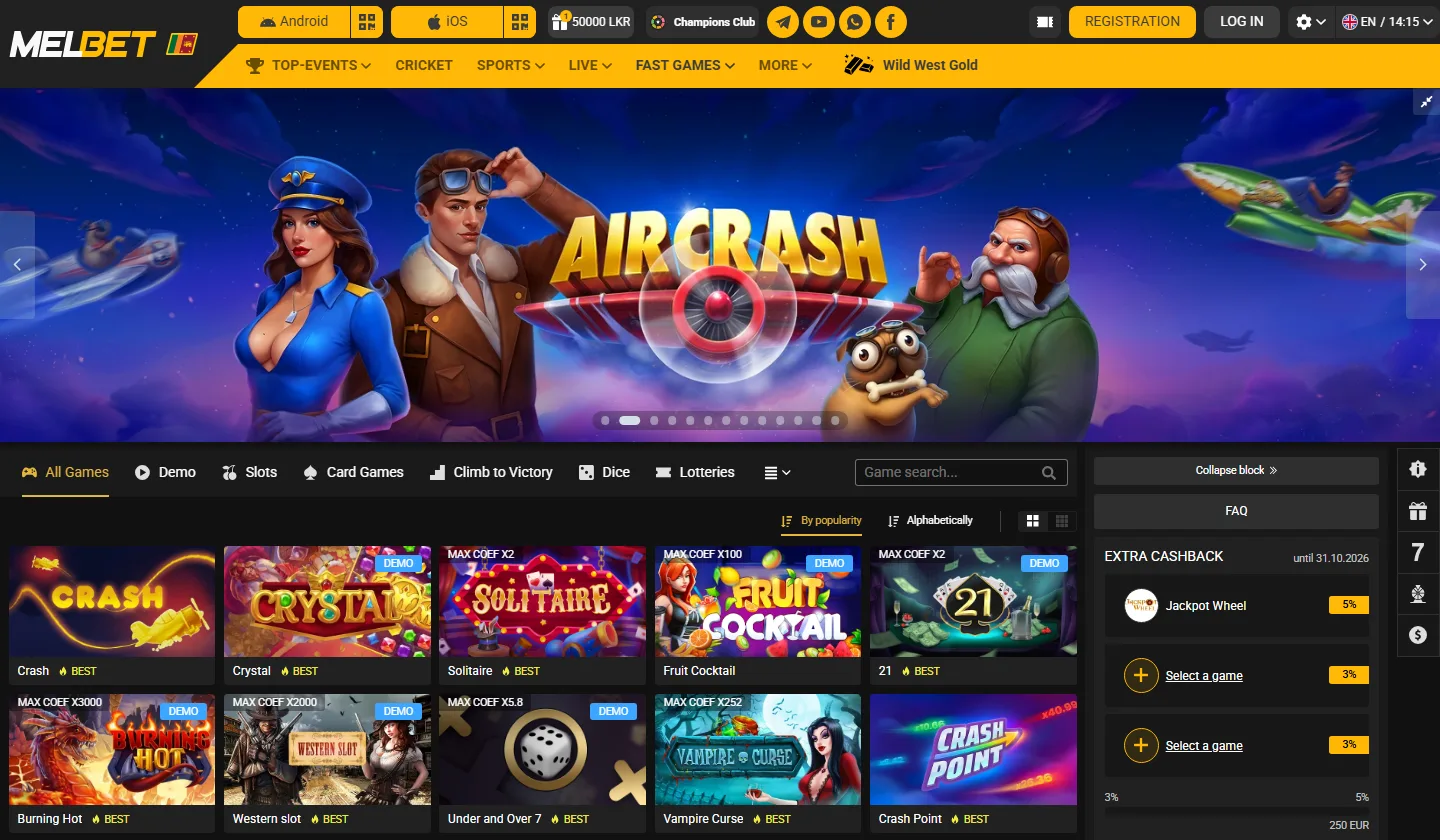 Melbet Fast Games lobby with Crash, Crystal and Crash Point