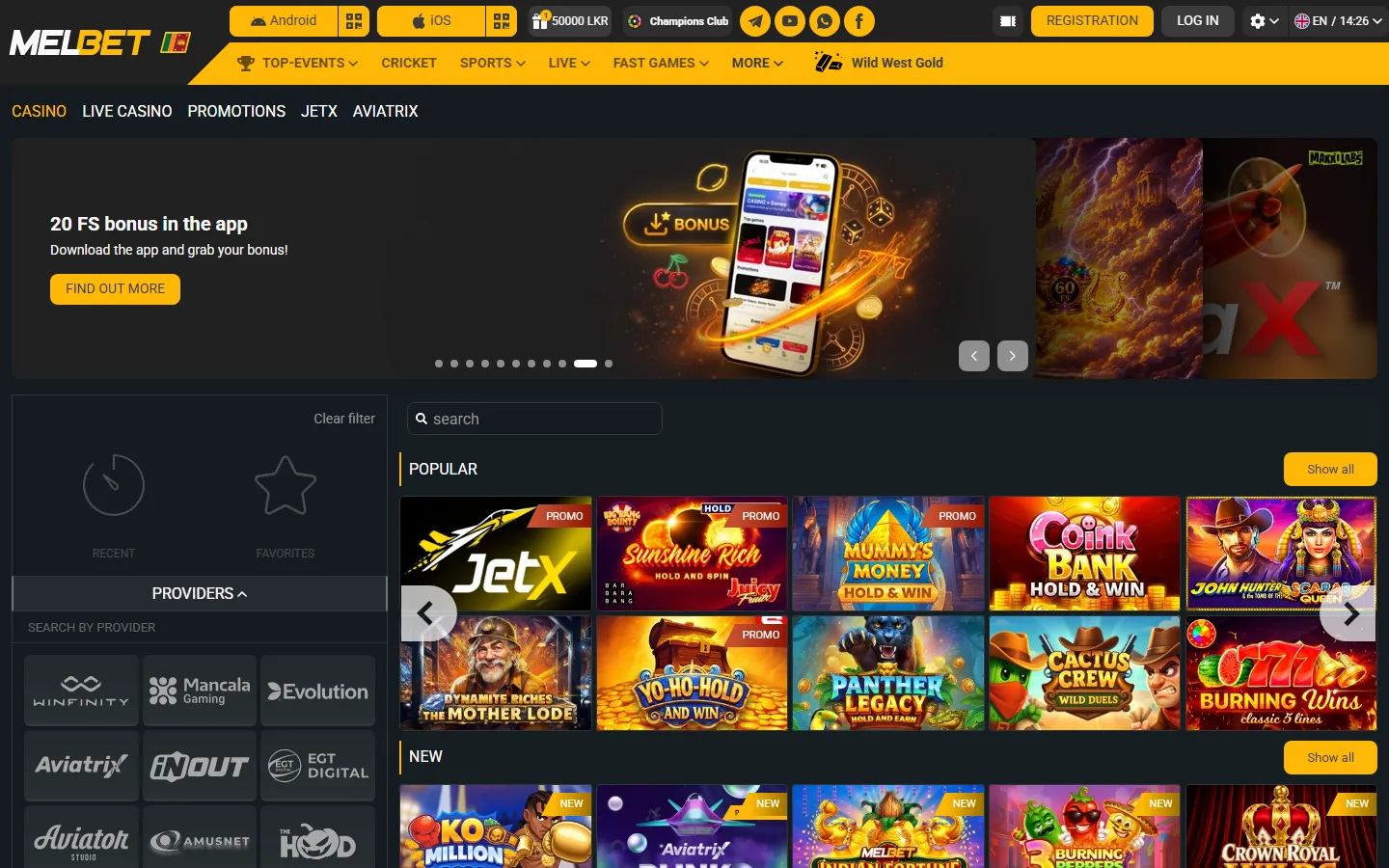Melbet casino slots lobby with filters, providers and the Popular row
