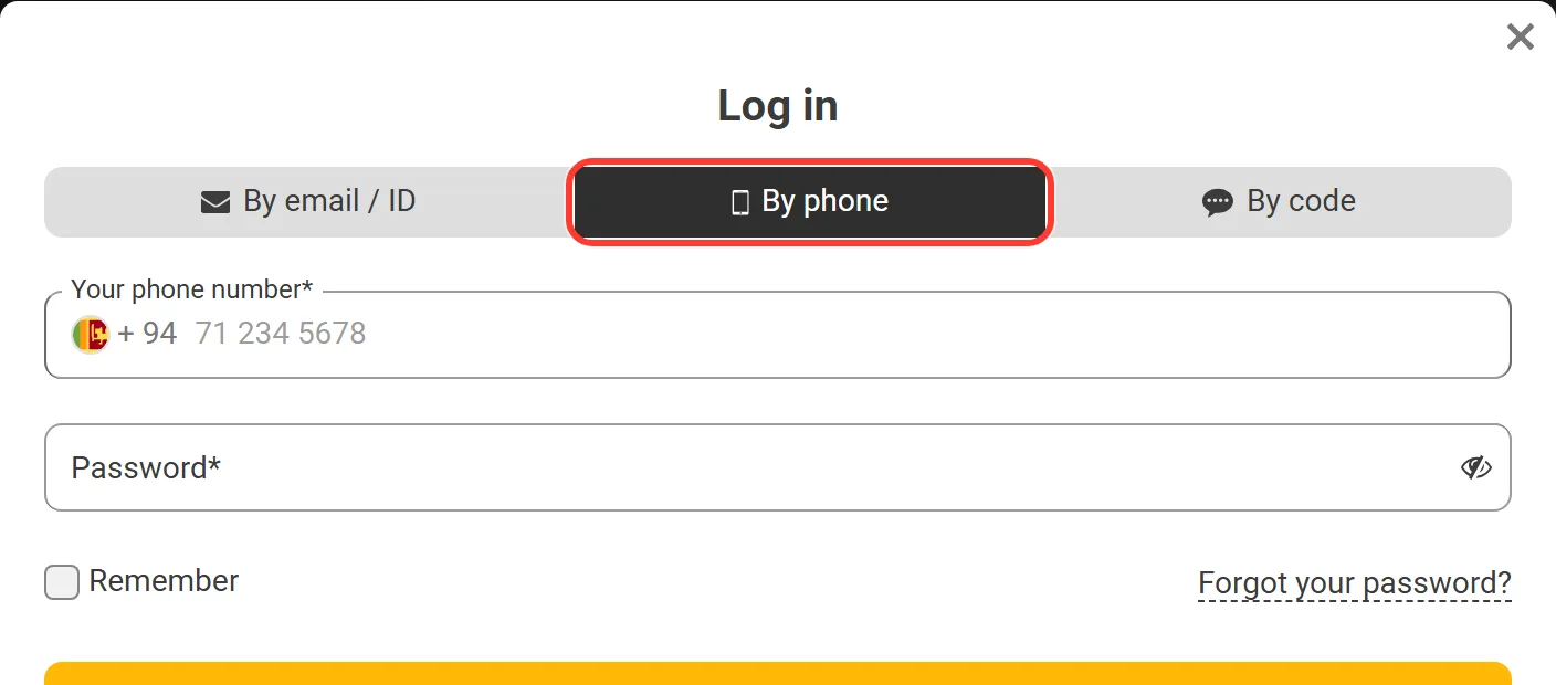Melbet login by phone with the +94 code in the field