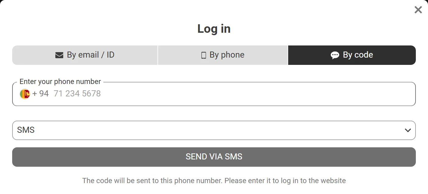 By code tab: Melbet login with a one-time SMS code