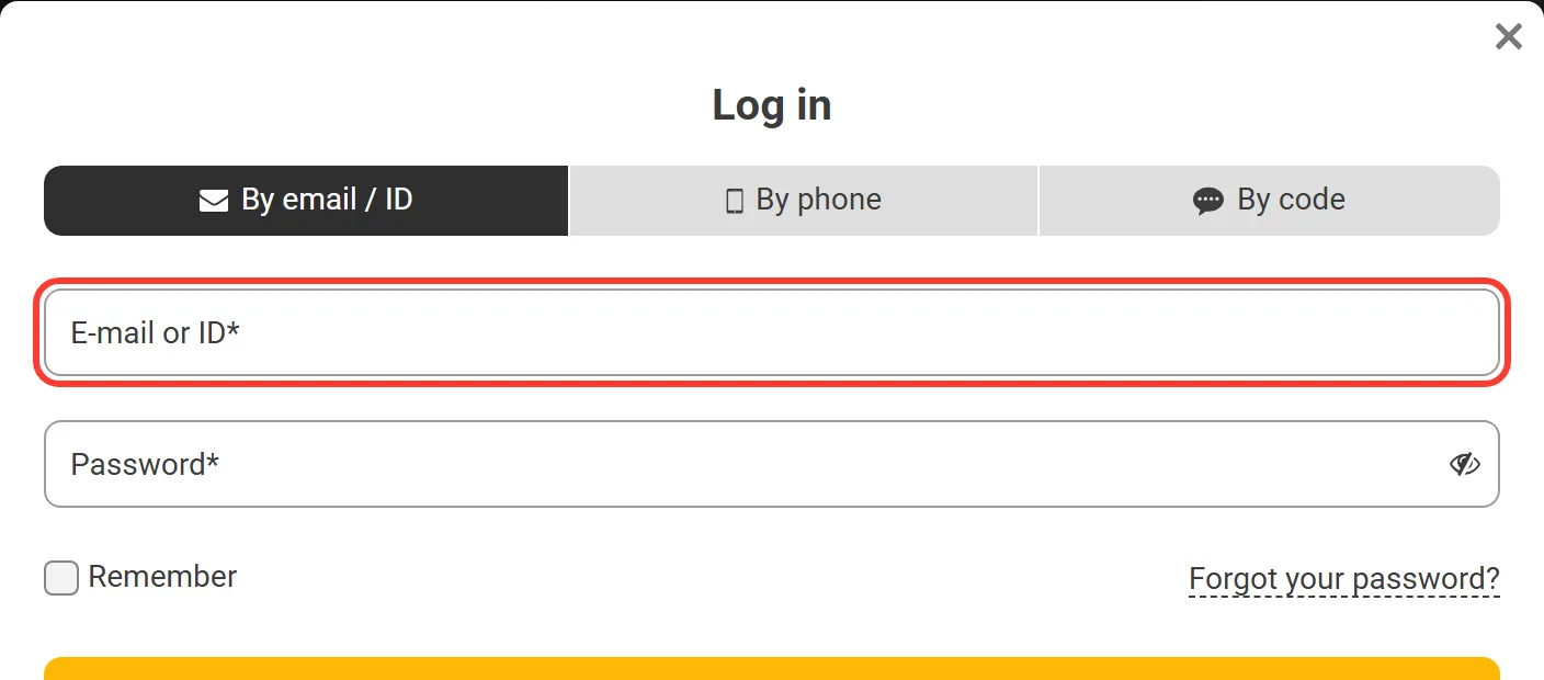 E-mail or ID field of the Melbet login form
