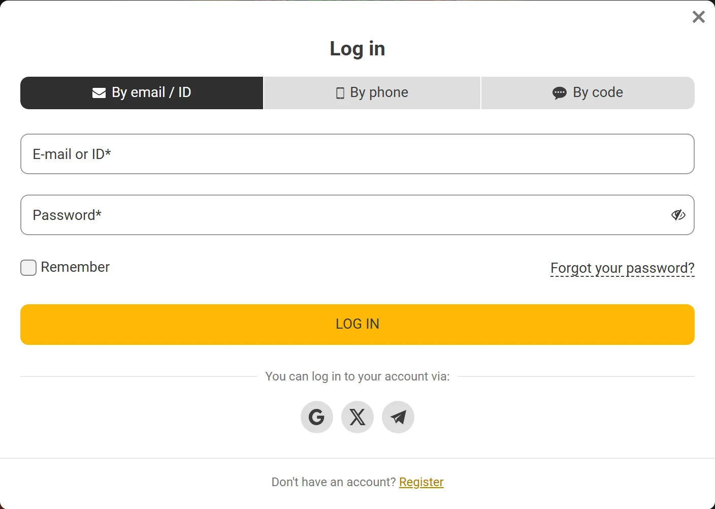 Melbet login form with e-mail or ID, phone and code tabs