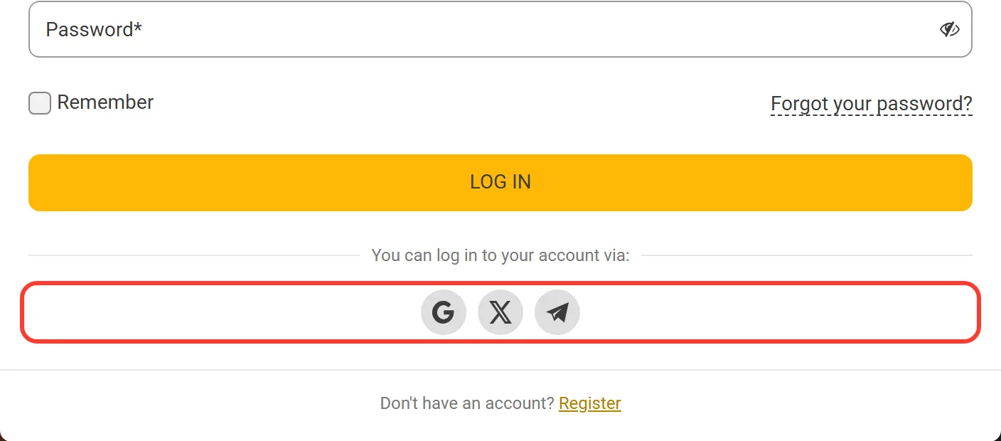 Social sign-in buttons for Google, X and Telegram on Melbet