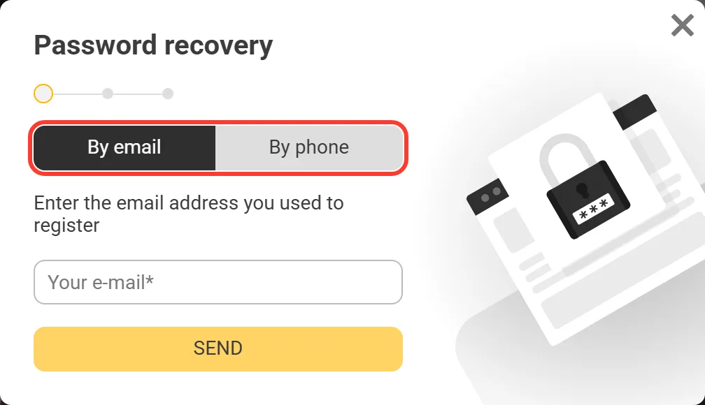 Password recovery window with By email and By phone tabs