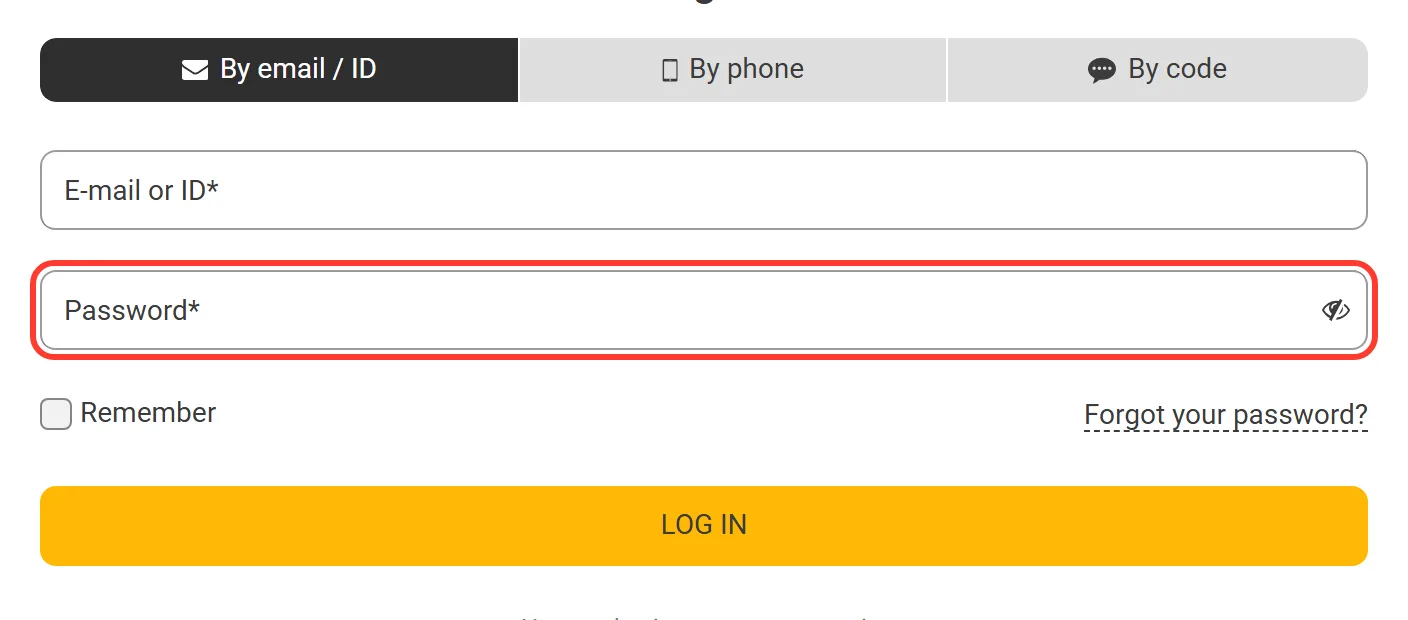 Password field of the Melbet login form