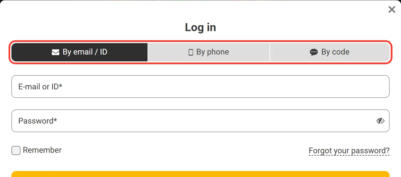 Melbet login tabs: By email / ID, By phone and By code