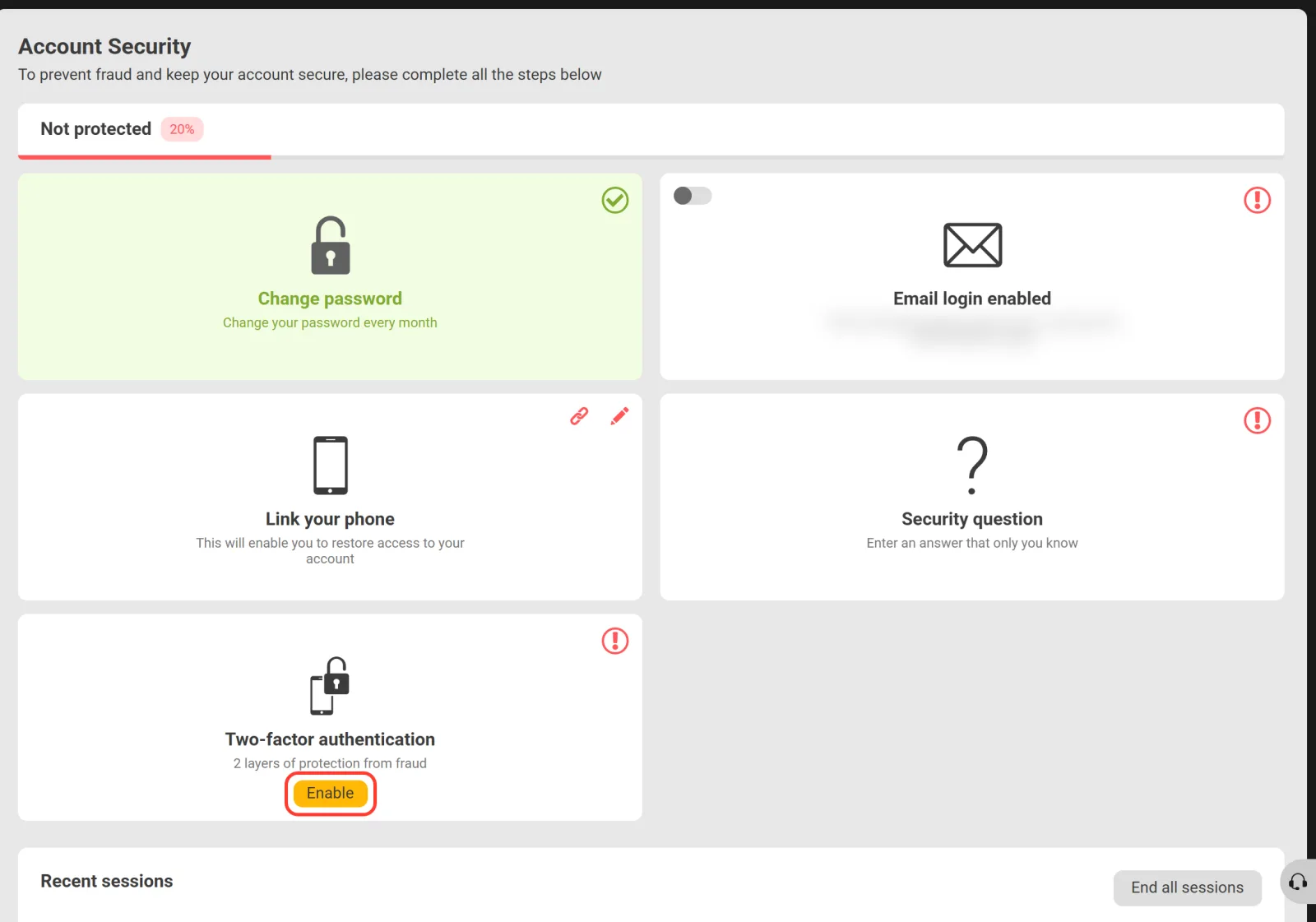 Account Security section with the Enable button for two-factor authentication