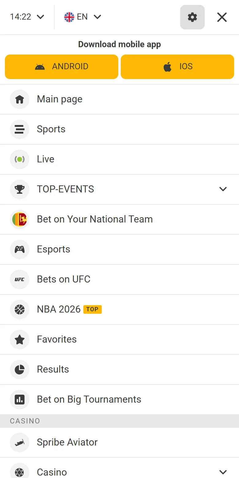 Melbet mobile site menu with the Download mobile app buttons for Android and iOS