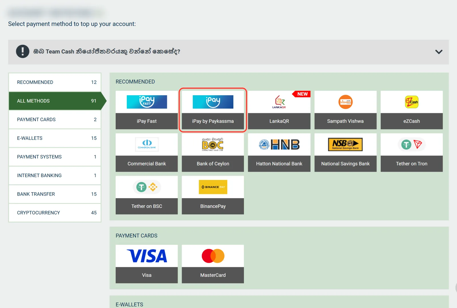 Choosing iPay by Paykassma in the Melbet cashier