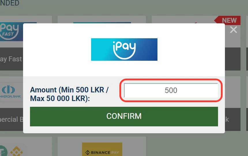 Deposit amount field with a 500 to 50,000 LKR range