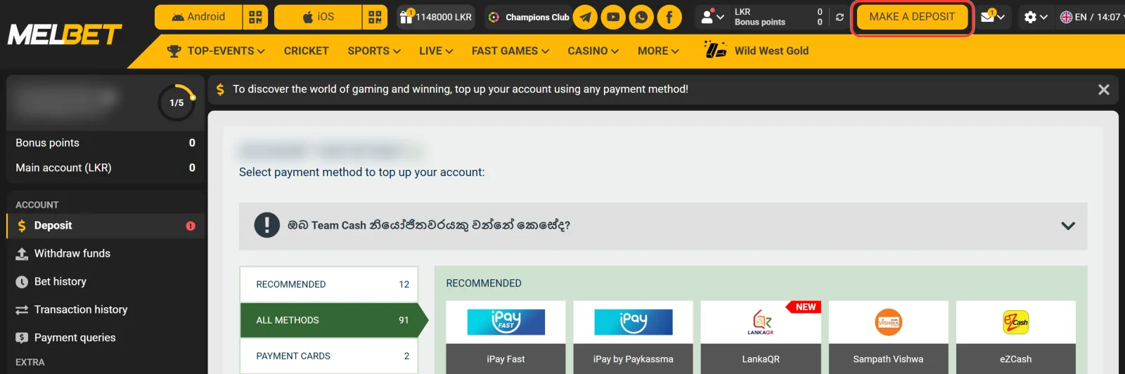 MAKE A DEPOSIT button in the Melbet account header