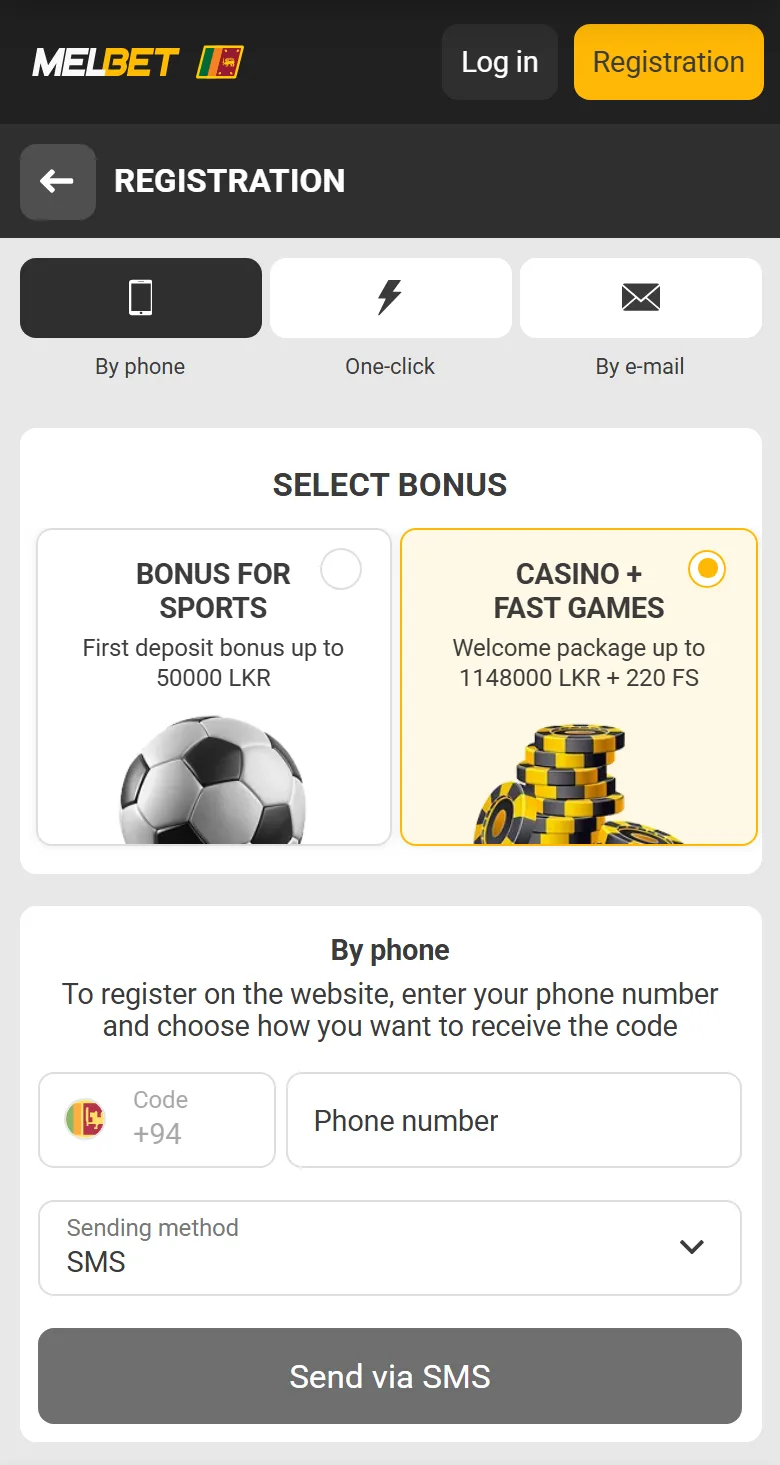 Melbet registration form on a phone with the welcome bonus choice