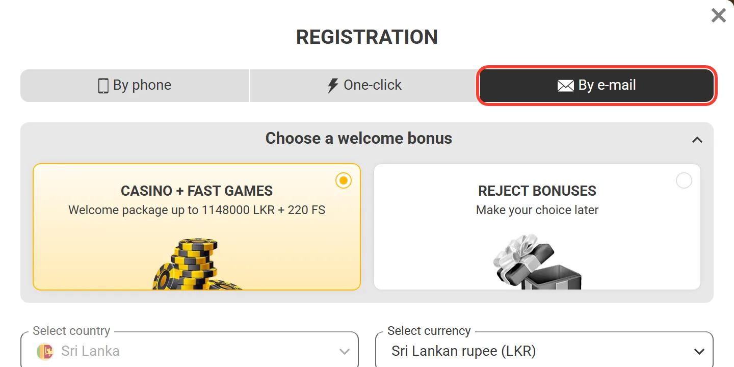 By e-mail tab of the Melbet sign-up form