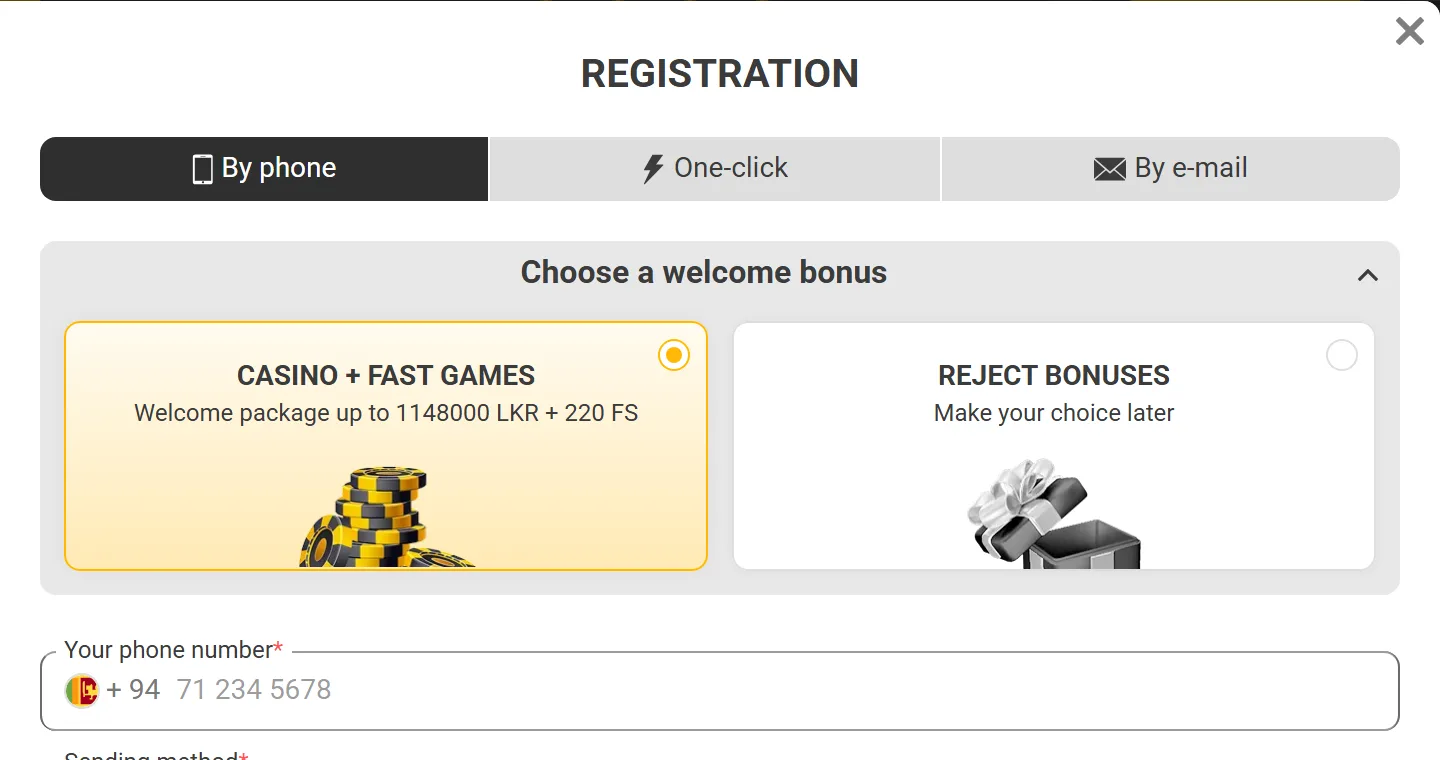 Melbet registration by phone with the +94 country code already filled in