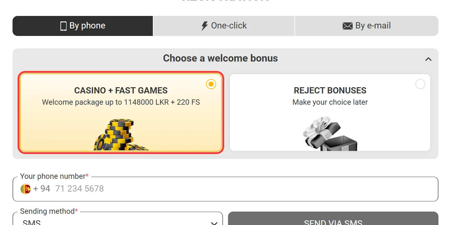 Casino and Fast Games package selected: up to 1,148,000 LKR and 220 free spins