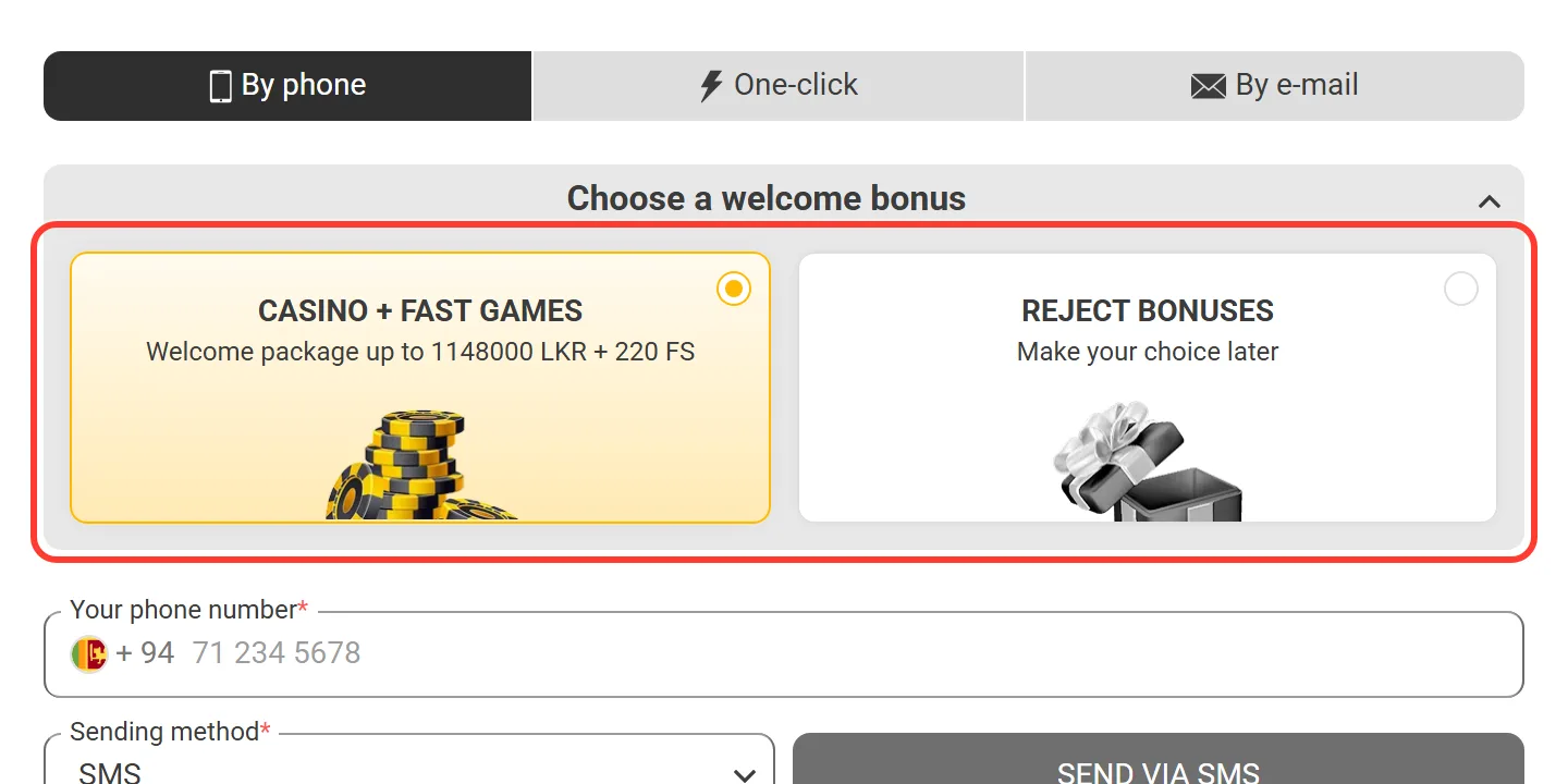 Choose a welcome bonus section in the Melbet registration form