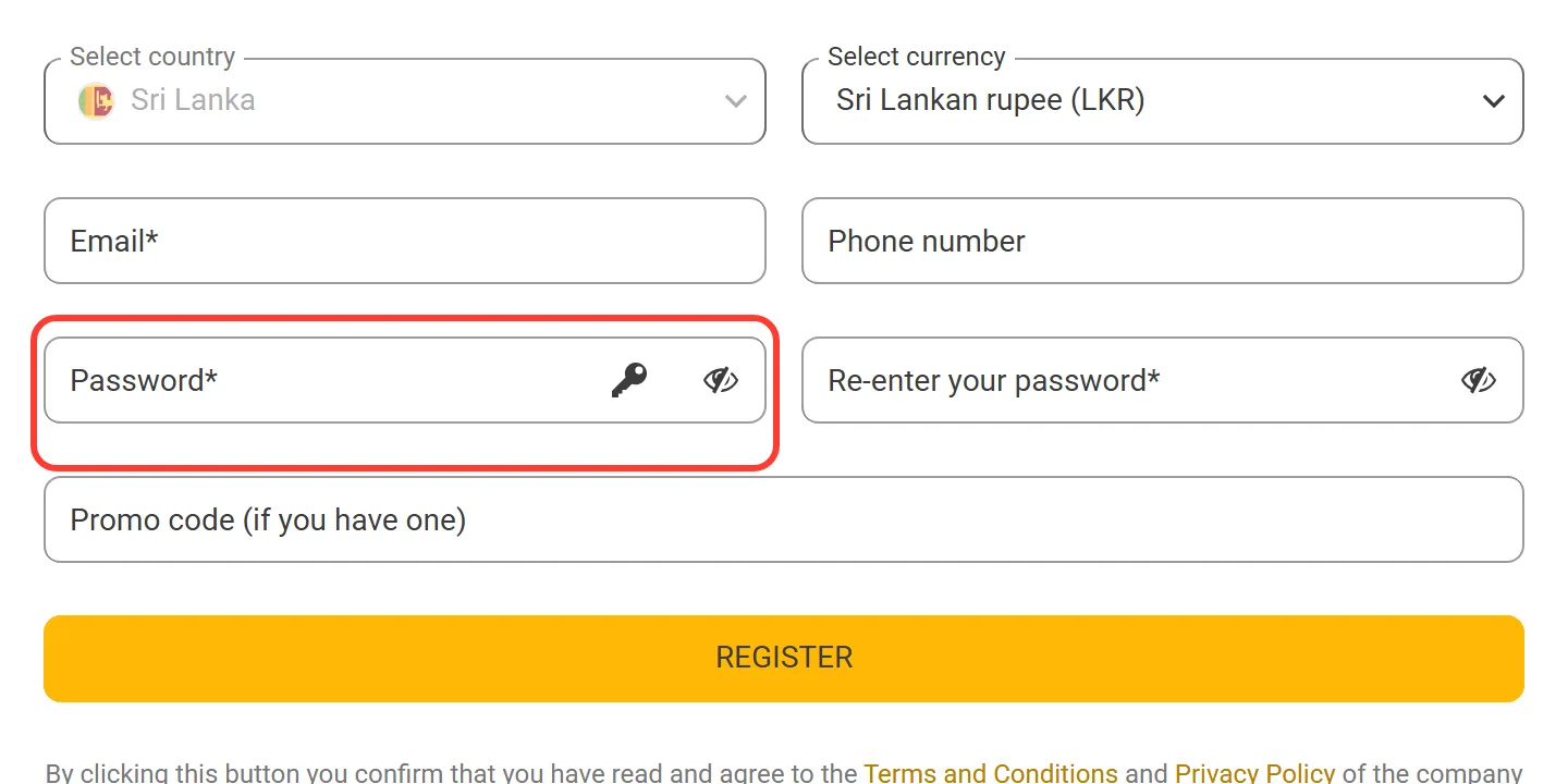 Password field for a Melbet account opened by e-mail