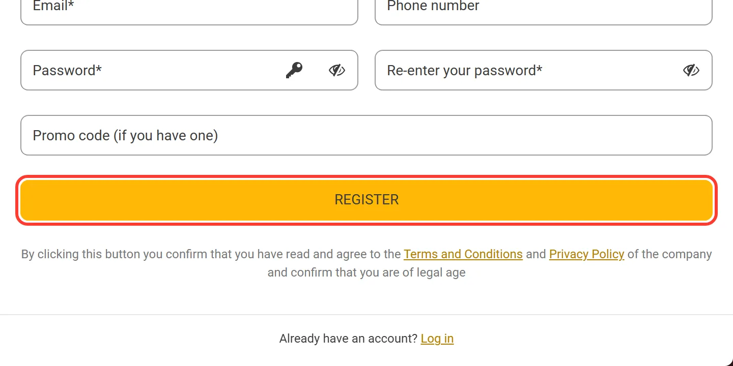 REGISTER button in the Melbet e-mail sign-up form