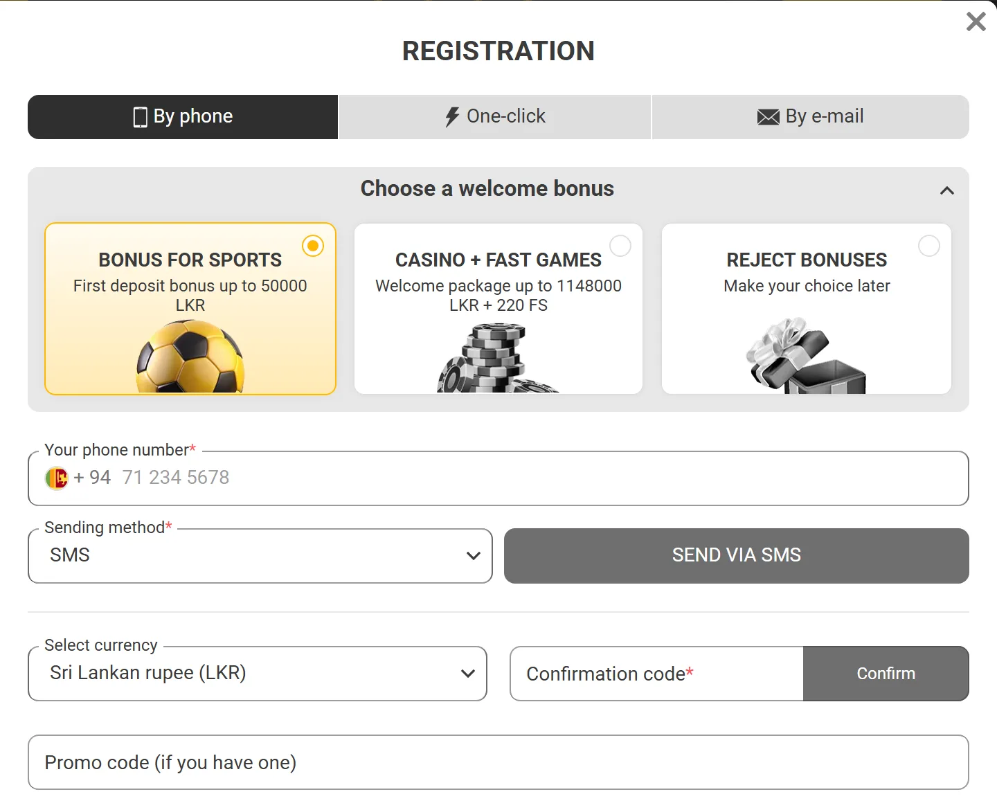 Melbet registration form with three welcome bonus options in LKR