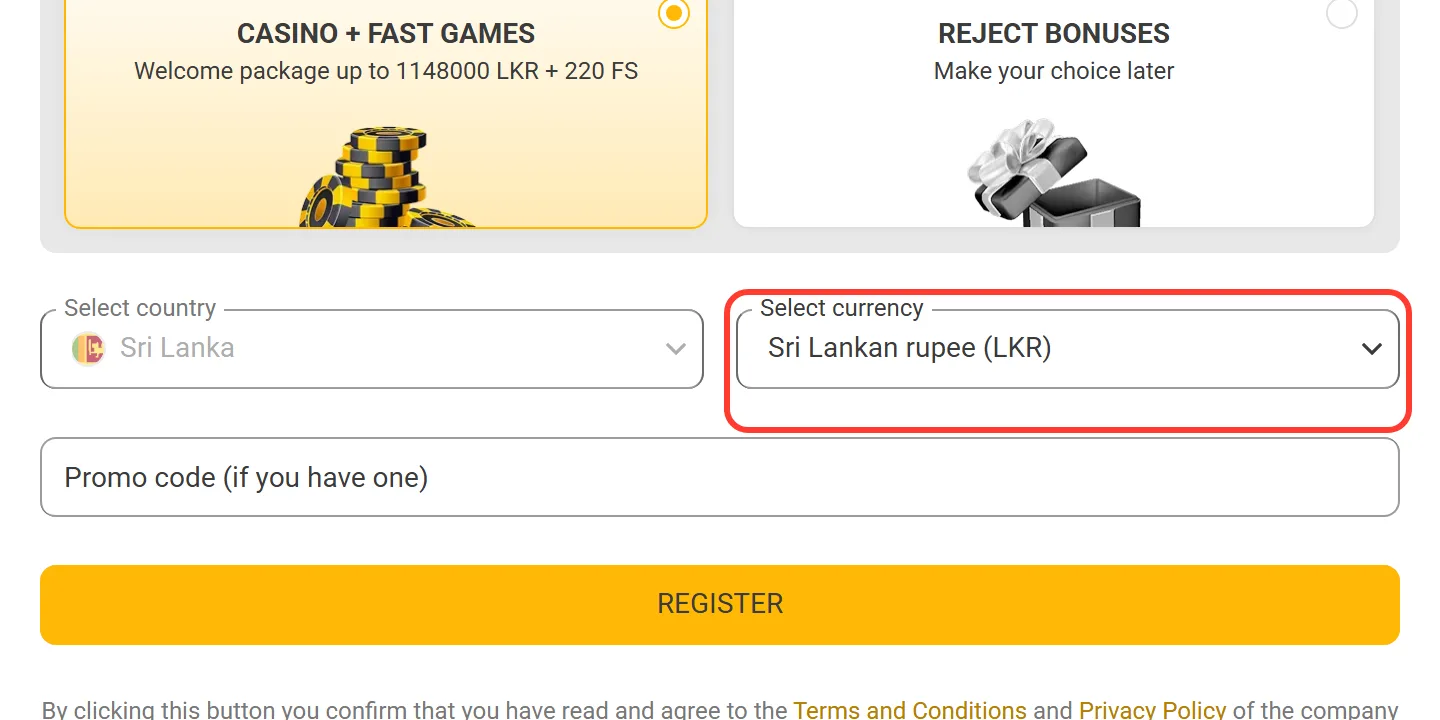 One-click Melbet registration with Sri Lanka and LKR preselected