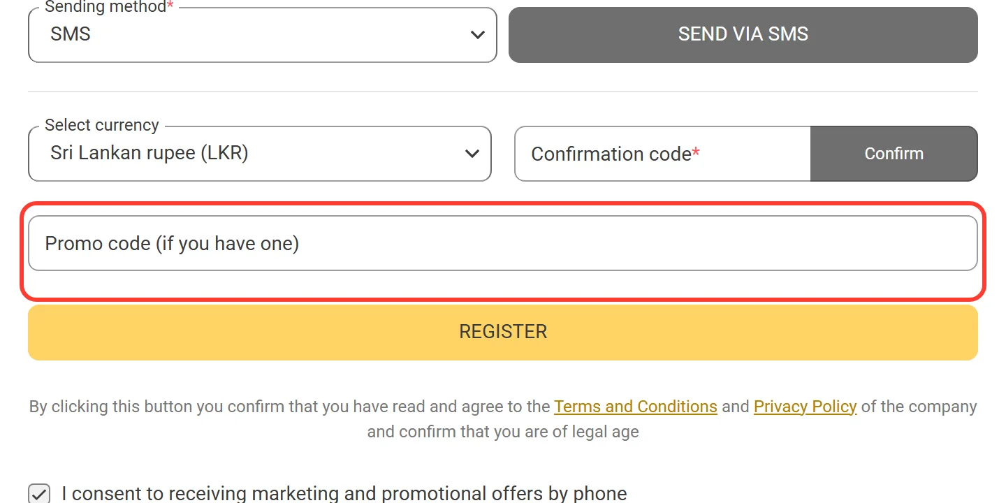 Optional promo code field in the Melbet registration form