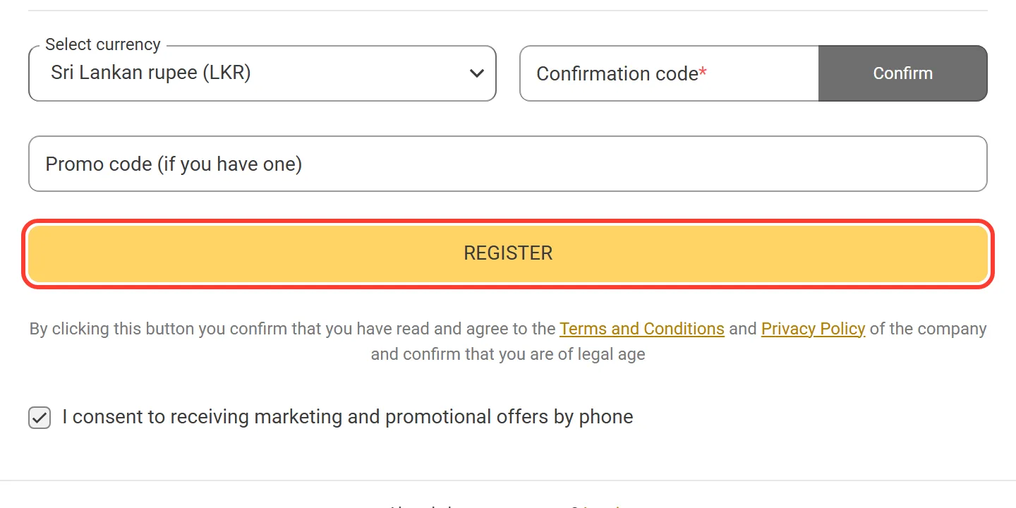 REGISTER button at the bottom of the Melbet sign-up form
