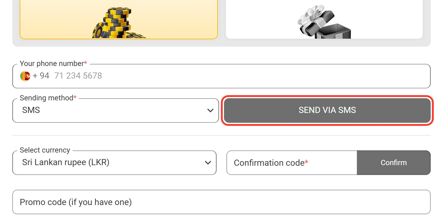 SEND VIA SMS button for the Melbet confirmation code