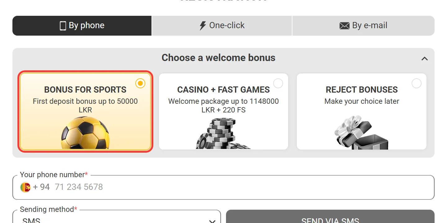 Bonus for sports selected: 100% up to 50,000 LKR