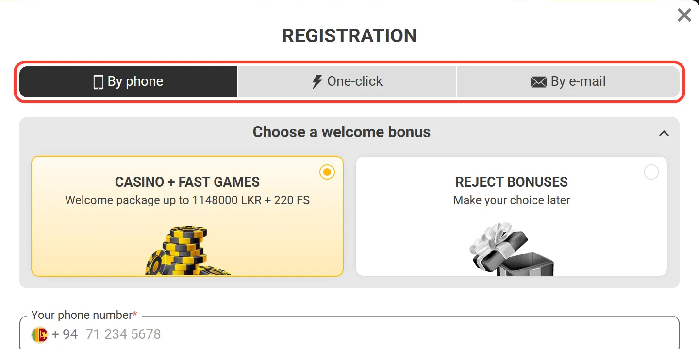 Melbet sign-up tabs: By phone, One-click and By e-mail