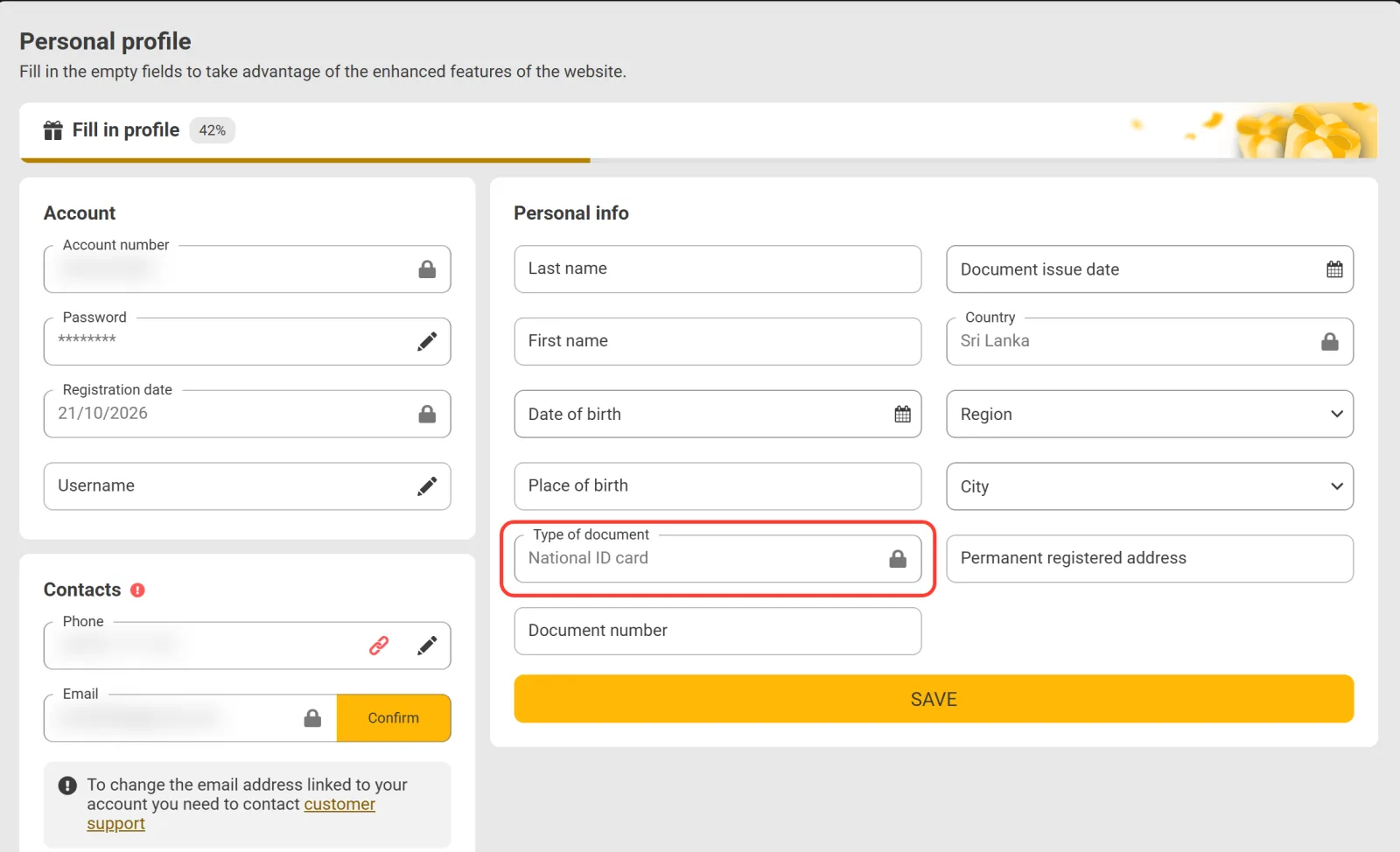 Melbet personal profile with National ID card as the document type